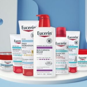 Winter beauty and skin care essentials featuring Eucerin, NIVEA, and Aquaphor products arranged on a clean seasonal background
