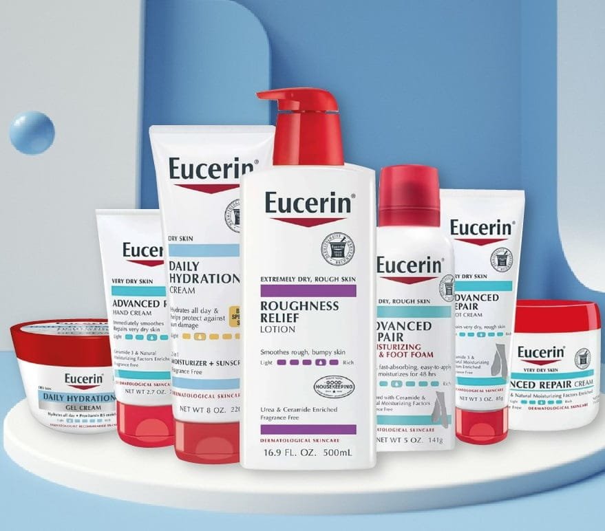 Winter beauty and skin care essentials featuring Eucerin, NIVEA, and Aquaphor products arranged on a clean seasonal background