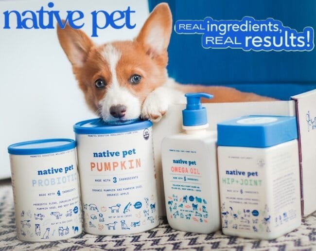 Native Pet products including dog supplements, fish oil, probiotics, calming chews, food toppers, and wellness products