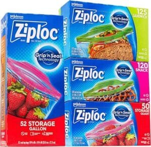 Ziploc food storage bags in gallon, quart, sandwich, snack, and variety pack sizes.