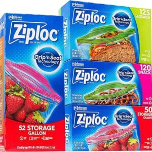 Ziploc food storage bags in gallon, quart, sandwich, snack, and variety pack sizes.