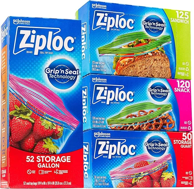 Ziploc food storage bags in gallon, quart, sandwich, snack, and variety pack sizes.
