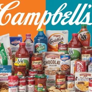 Campbell Company pantry products including soups, sauces, salsa, broth, and beverages featured in a pantry stock-up savings promotion.