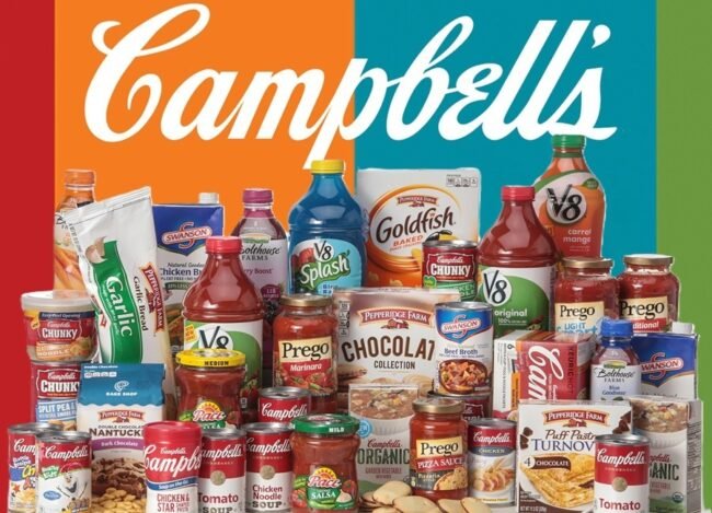 Campbell Company pantry products including soups, sauces, salsa, broth, and beverages featured in a pantry stock-up savings promotion.