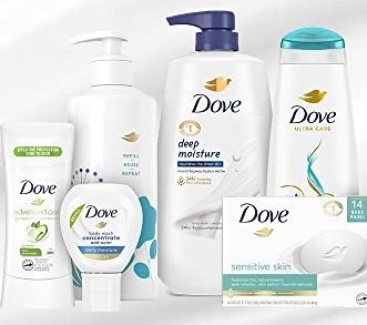 Dove body wash, deodorants, beauty bars, body scrubs, and personal care products featured in a promotional savings graphic.