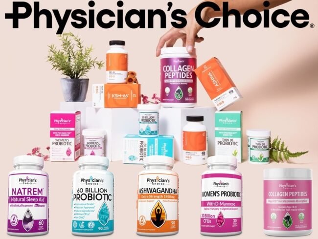 Physicians Choice brand promotional image featuring a selection of dietary supplements, including probiotic formulas, digestive enzymes, fiber products, and other wellness supplements.