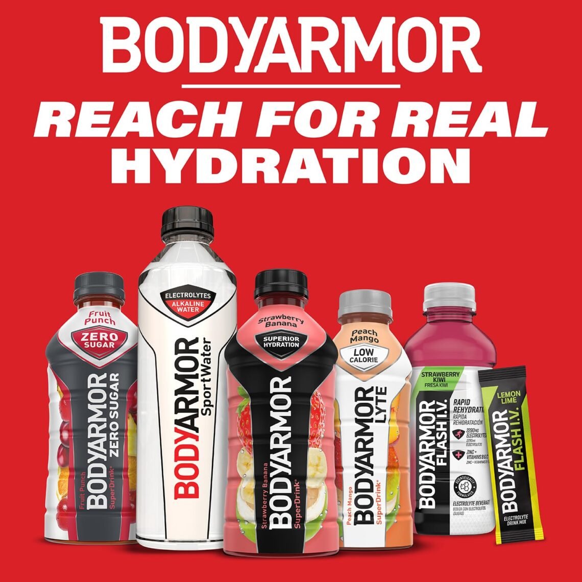 Promotional graphic featuring BODYARMOR sports drinks in assorted fruit flavors with hydration beverage packaging displayed together.
