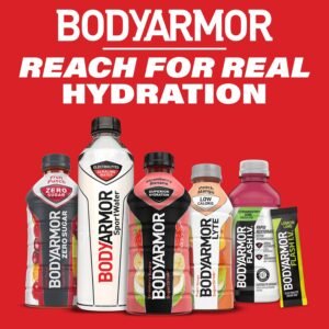 Promotional graphic featuring BODYARMOR sports drinks in assorted fruit flavors with hydration beverage packaging displayed together.