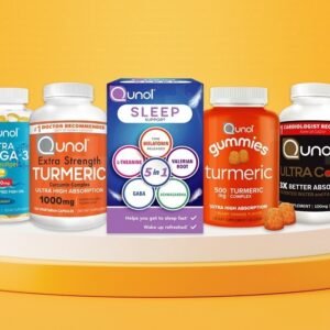 Assorted Qunol supplement bottles including CoQ10, turmeric, magnesium, and heart health formulas displayed together