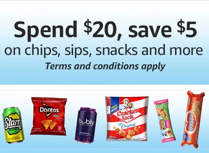 PROMOTION! Save $5 when you spend $20 on Snacks & More
Chips and Dips, Beverages, Snacks, Breakfast Essentials and Meal Sides
You do not have to spend $20 on all one thing. You can add $20 of mix and match items to your regular cart ($20 based on the top price before additional discounts), and when you get to checkout, hit subscribe on any items that have that option. The $5 will also come off your total.
Don't add from the promo page! Go to the product page first to see if there's a coupon!
See all qualifying products HERE