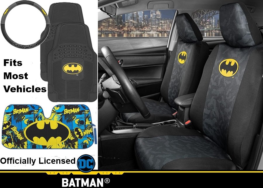 SALE! Batman Dark Knight Car Accessories Bundle
Front Seat Covers, Steering Wheel Cover, Windshield Sunshade, Car Floor Mats, fit most Cars, Trucks and Vans
Click ---> HERE