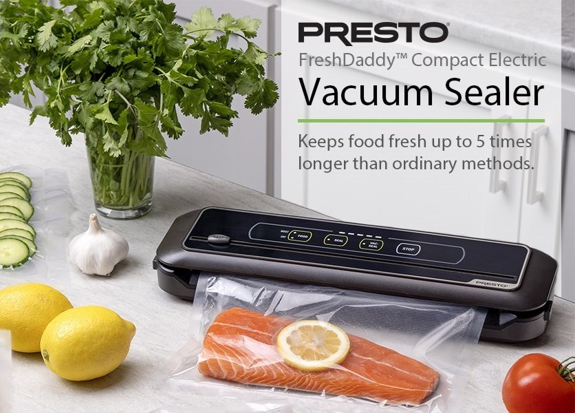 SALE! Presto FreshDaddy Compact Electric Vacuum Sealer
Moist and dry modes for vegetables, fruits, meat, fish, nuts, rice, cookies and more
Click ---> HERE