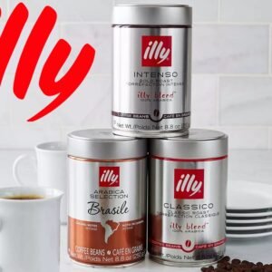 illy coffee products including whole bean coffee, ground espresso, coffee pods, and coffee capsules featured in a promotional savings graphic.