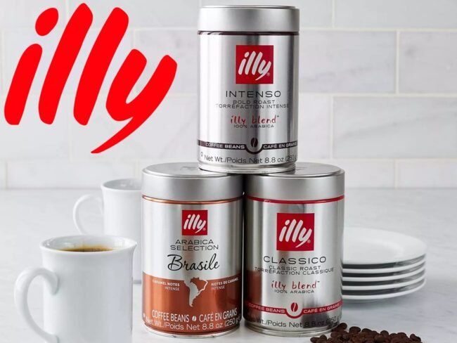 illy coffee products including whole bean coffee, ground espresso, coffee pods, and coffee capsules featured in a promotional savings graphic.