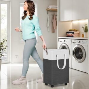 HomeHacks 75L Large - Capacity Rolling Laundry Basket, Laundry Hamper with 4 Smooth Wheels, Collapsible Waterproof Clothes Basket, Freestanding Hamper with Handles for Bedroom/Dorm/Laundry Room (Gray)