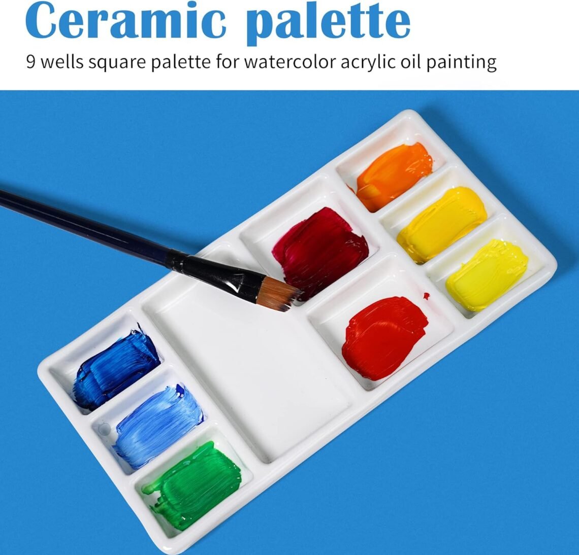 Falling in Art Artist Ceramic Palette, 9 Well Rectangle Porcelain Watercolor Paint Palette for Watercolor Gouache Acrylic Oil Painting, 7-Inch
