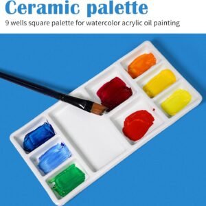 Falling in Art Artist Ceramic Palette, 9 Well Rectangle Porcelain Watercolor Paint Palette for Watercolor Gouache Acrylic Oil Painting, 7-Inch