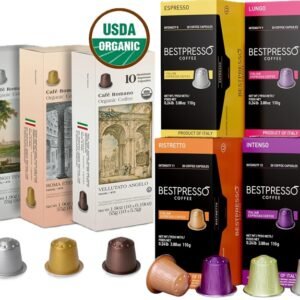 Bestpresso and CafΓ© Romano coffee pods and espresso packages in assorted blends and variety packs.