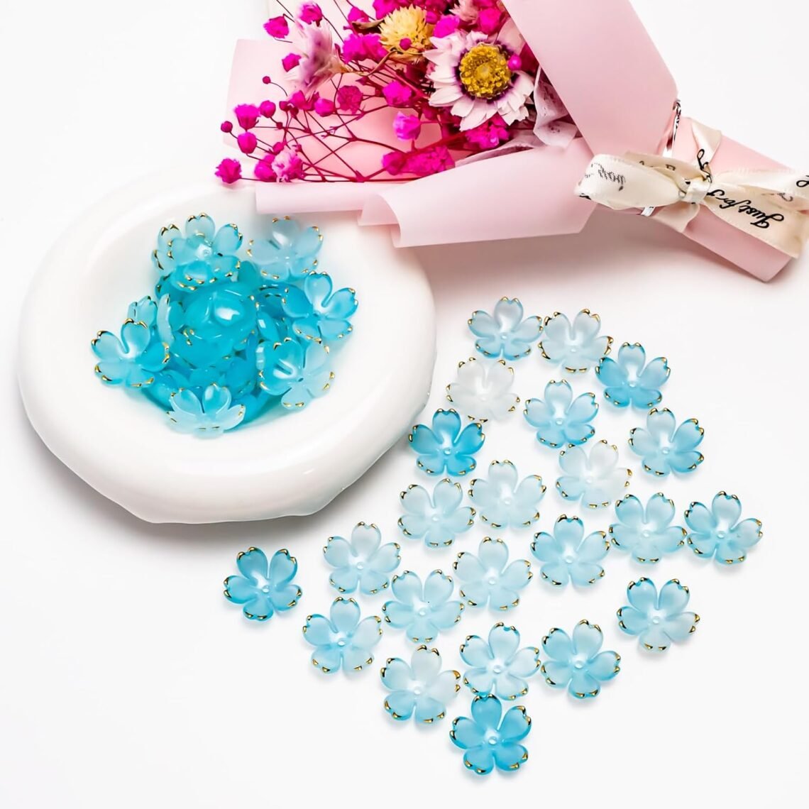 100PCS Acrylic Cherry Blossom Flower Beads, 18MM Lake Blue Gradient Spacer Beads for Jewelry Making