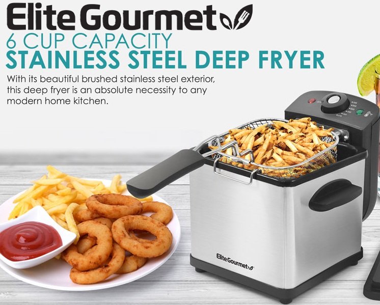 SALE! Elite Gourmet Stainless Steel Deep Fryer
800-Watt, 1.6 Quart Oil Capacity, Mesh Basket, Lid with View Window
Click ---> HERE