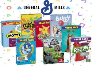 A colorful promotional image featuring General Mills fruit snacks such as Gushers, Fruit Roll-Ups, and Fruit by the Foot with Daily Deal Busters branding.
