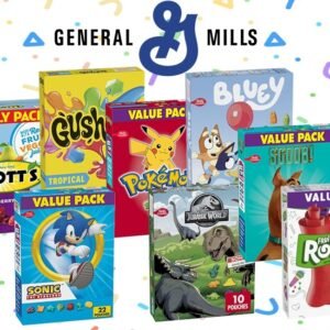 A colorful promotional image featuring General Mills fruit snacks such as Gushers, Fruit Roll-Ups, and Fruit by the Foot with Daily Deal Busters branding.