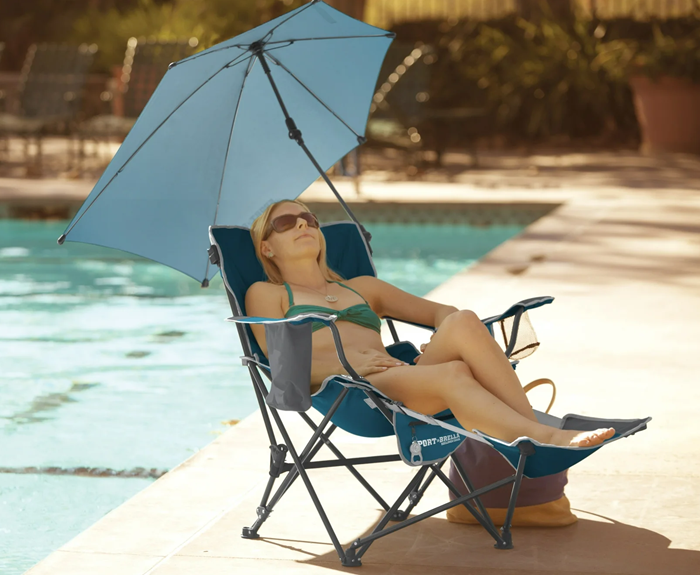 SALE! Sport-Brella Recliner Chair
3-position adjustability with detachable footrest, attached 3-way swiveling umbrella
Click ---> HERE