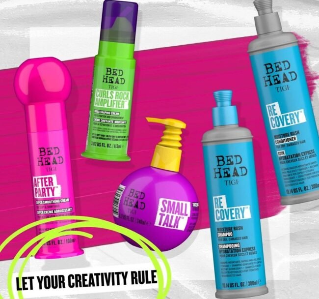 Bed Head TIGI hair care products including shampoo, conditioner, styling products, hair treatments, and heat protectants