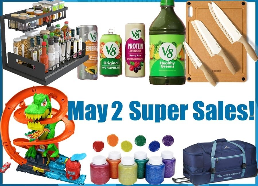20% coupon on V8 Beverages, SALE! CAROTE Knife Set with Wooden Cutting Board, SALE! High Sierra 34″ Wheeled Travel Bag, SALE! 2 Tier Slide Out Under Sink Organizer, SALE! Crayola Washable Kids Paint Set, SALE! Hot Wheels T-Rex Blaze Battle Track Set.