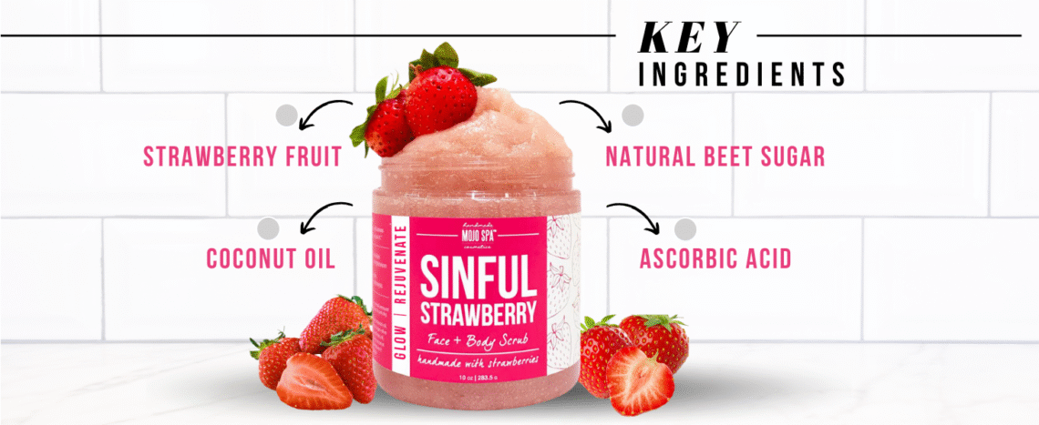 Mojo Spa Sinful Strawberry Superfood Face & Body Scrub | Strawberry Scent | Moisturizing Sugar Based Exfoliator | 10 oz