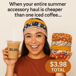 Image of a happy woman with fun, colorful headbands on, holding a coffee cup labeled "$6.00" while showing off her six new headbands labeled "$4.99 β total."