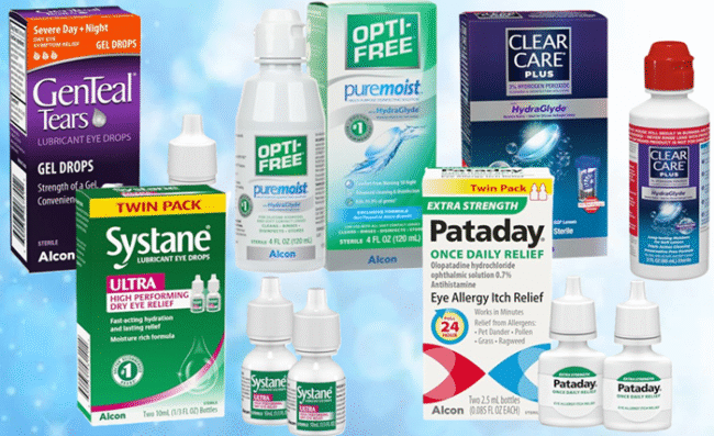 Eye care products including lubricating eye drops, contact lens solution, artificial tears, and allergy relief eye drops
