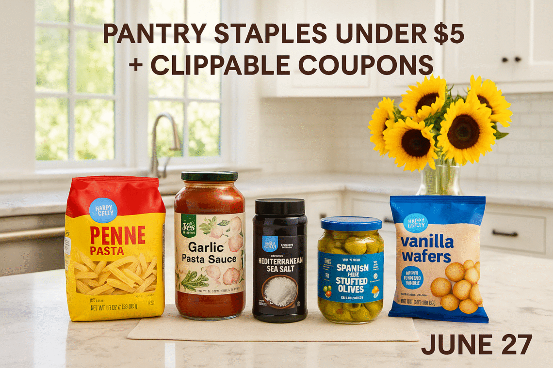 A bright, airy kitchen with a marble countertop displays pantry staples from Amazon Fresh, Happy Belly, and 365. The setup includes pasta, spices, sauces, and canned goods, with a cheerful vase of sunflowers in the background and "June 27" written in elegant font. Clippable coupon reminders are featured on the product labels.
