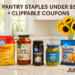 A bright, airy kitchen with a marble countertop displays pantry staples from Amazon Fresh, Happy Belly, and 365. The setup includes pasta, spices, sauces, and canned goods, with a cheerful vase of sunflowers in the background and "June 27" written in elegant font. Clippable coupon reminders are featured on the product labels.