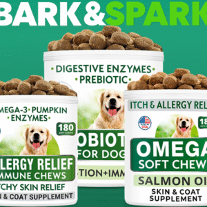 Bark&Spark dog supplements featuring joint support, probiotics, omega-3s, and other canine wellness products