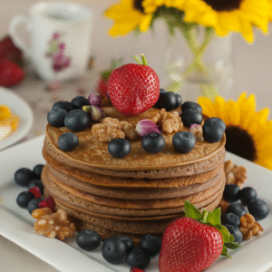 A stack of golden pancakes topped with fresh blueberries, walnuts, and a large strawberry sits on a white plate. In the background, a floral teacup and breakfast dishes are visible. A vase of bright sunflowers replaces the pineapple centerpiece, adding a summery touch. The phrase “Breakfast Made Simple – June 30” is written at the bottom.