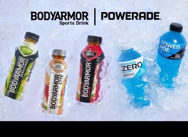 BODYARMOR and POWERADE sports drinks featured in a promotional savings graphic highlighting hydration beverages.