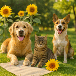 A cheerful golden retriever, a fluffy white cat, and a curious gray tabby sit in a sunny backyard surrounded by vibrant sunflowers. The scene is bright and welcoming, with lush green grass and a clear blue sky.