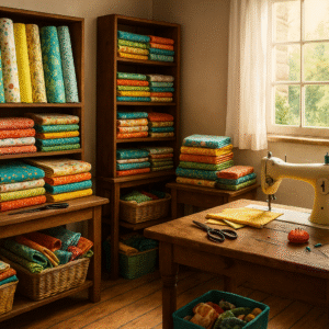 A cozy, sunlit sewing room filled with colorful cotton fabrics—bolts, rolls, and neatly folded piles stacked on shelves and tables. A sewing machine sits in the corner next to scissors and thread spools, creating a vibrant and inspiring workspace for crafting and quilting.