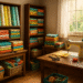 A cozy, sunlit sewing room filled with colorful cotton fabricsβbolts, rolls, and neatly folded piles stacked on shelves and tables. A sewing machine sits in the corner next to scissors and thread spools, creating a vibrant and inspiring workspace for crafting and quilting.