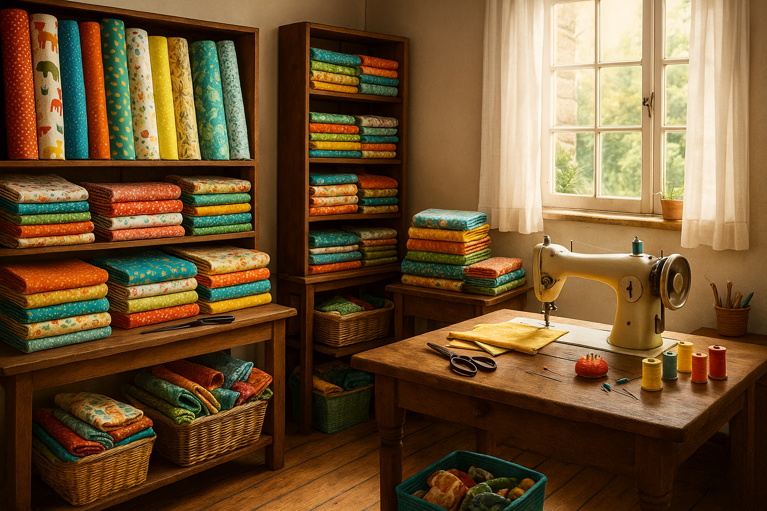A cozy, sunlit sewing room filled with colorful cotton fabrics—bolts, rolls, and neatly folded piles stacked on shelves and tables. A sewing machine sits in the corner next to scissors and thread spools, creating a vibrant and inspiring workspace for crafting and quilting.