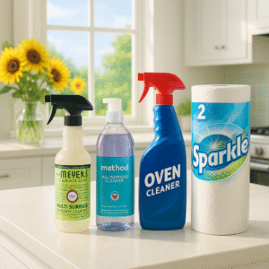 A clean white kitchen countertop with four household cleaning products—Mrs. Meyer's spray, Method cleaner, oven cleaner, and Sparkle paper towels—arranged neatly. In the background, sunlight pours through an open window with a vase of bright yellow sunflowers, giving the space a summery, fresh, and airy feel.