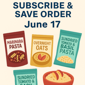 Promotional graphic for Proper Good meals featuring pasta, oatmeal, and overnight oats, with a headline that reads "Save 25% on Your First Subscribe & Save Order – June 17."