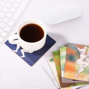 6pcs Funny Cat Coasters, Wooden Cat Coasters Creative Cat Gifts for Cat Lovers 6 Styles Drink Coasters for Tabletop Protection Cute Cat Coasters Home Cat Decor for Mugs Coffee Cups