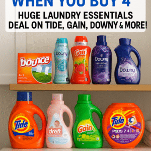 Bright and colorful laundry care products from top brands like Tide, Downy, Gain, and Bounce stacked neatly in a laundry room.