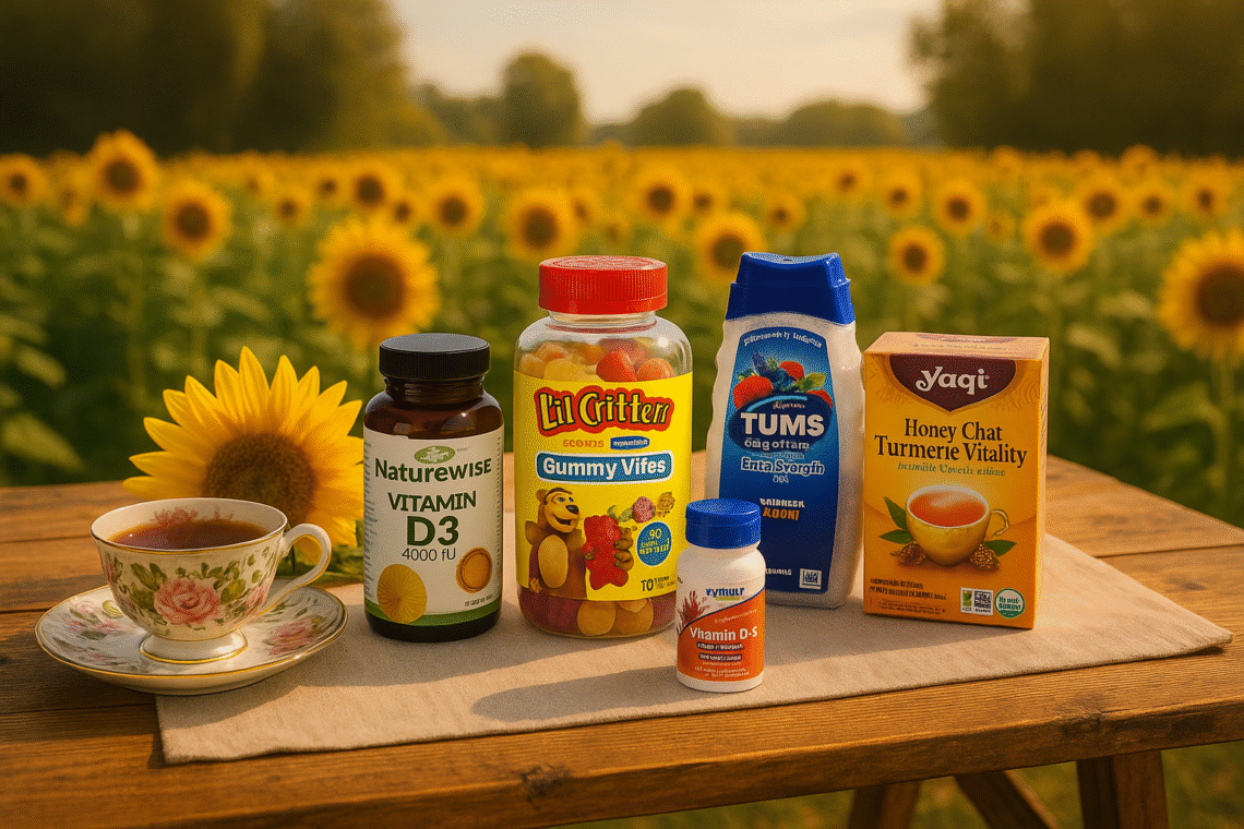 A wooden picnic table with a linen runner displays five wellness products, including L’il Critters Gummy Vites, TUMS, Yogi Tea, NOW Vitamin D3, and NatureWise Vitamin D3. A sunflower is laid behind the products, and a fancy floral teacup filled with tea sits to the side. A vibrant sunflower field and a sunny sky fill the background.