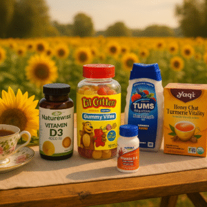 A wooden picnic table with a linen runner displays five wellness products, including L’il Critters Gummy Vites, TUMS, Yogi Tea, NOW Vitamin D3, and NatureWise Vitamin D3. A sunflower is laid behind the products, and a fancy floral teacup filled with tea sits to the side. A vibrant sunflower field and a sunny sky fill the background.