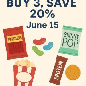 Promotional graphic for June 14th showing Buy 3, Save 20% snack deal with Twizzlers, Jolly Ranchers, protein bars, and popcorn on a colorful background.