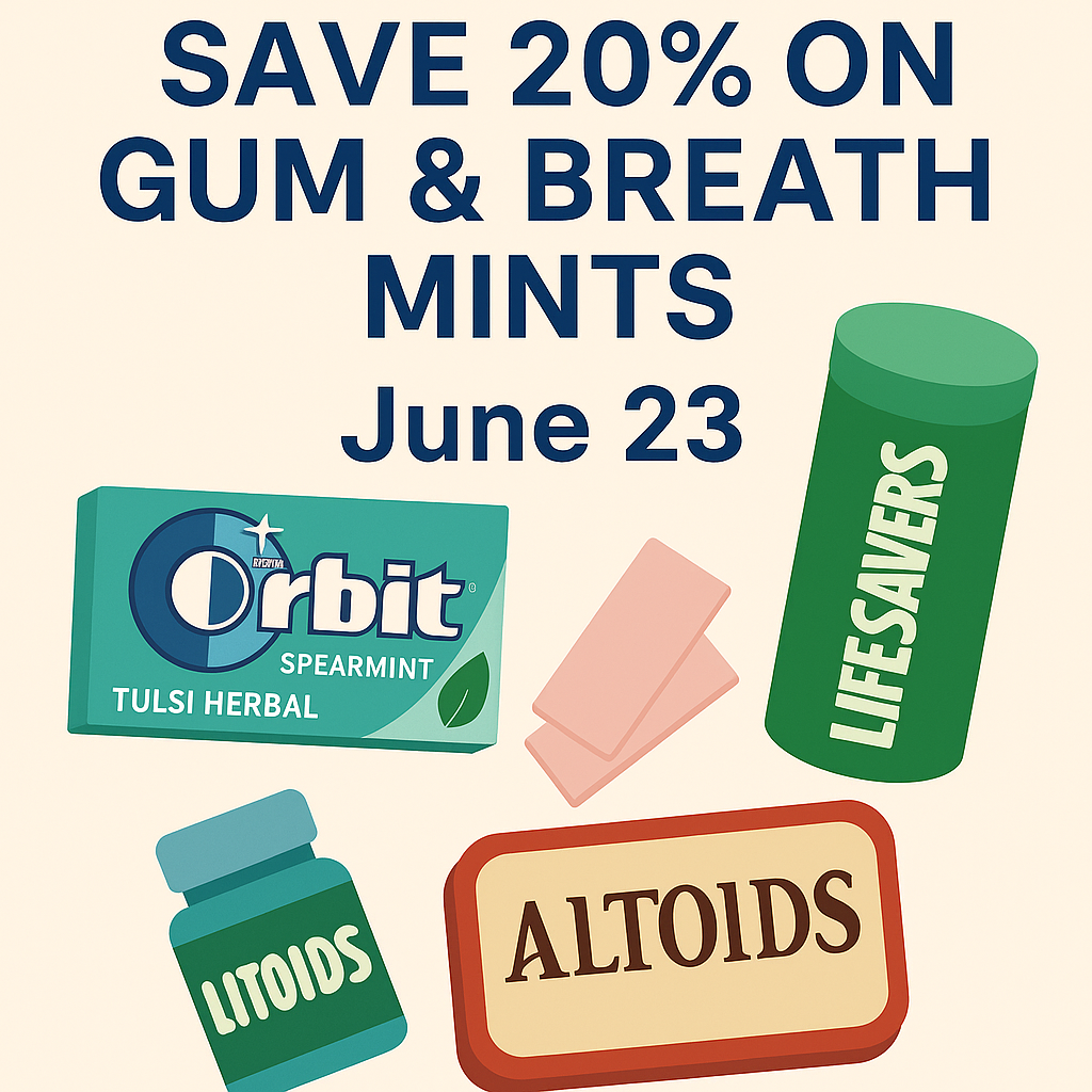 A colorful promotional digital graphic for Daily Deal Busters showing various gum and mint packages from brands like Orbit, Altoids, LifeSavers, and 5 Gum. The text overlay reads “Save 20% on Gum & Mints – Today Only – Subscribe & Save” with the date June 23, 2025, on a bright, cheerful background.