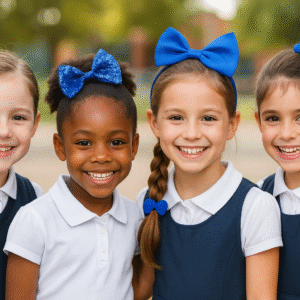 Smiling young girls with various blue hair accessories, including bows, scrunchies, and clips, styled in ponytails and braids, wearing school uniforms outdoors.